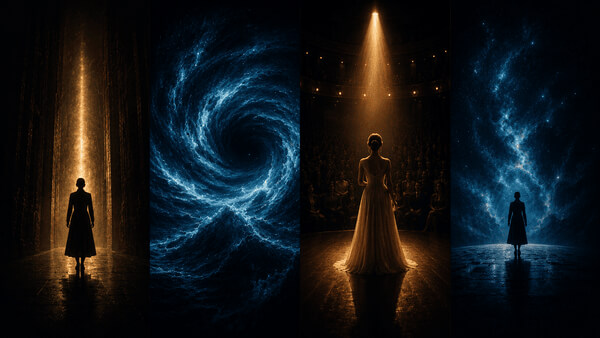 Four cinematic panels — a lit corridor, a swirling blue vortex, a lantern-lit gathering and a starfield — each with a lone silhouetted figure.