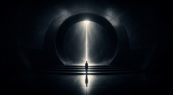 A single shaft of light descending into a dark circular auditorium, with a lone silhouette standing within it.