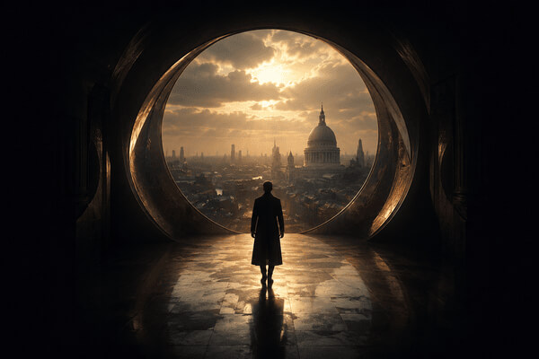 A silhouetted figure walks through a circular portal opening onto a golden city skyline.