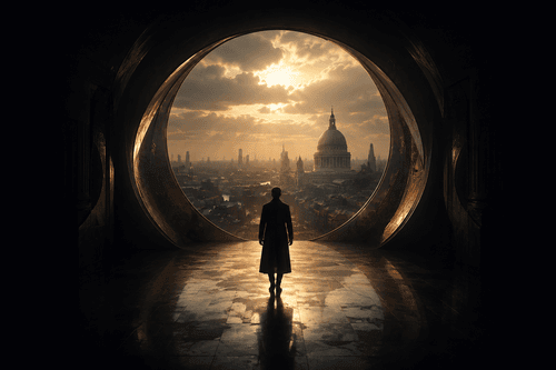 A silhouetted figure walks through a circular portal opening onto a golden city skyline.